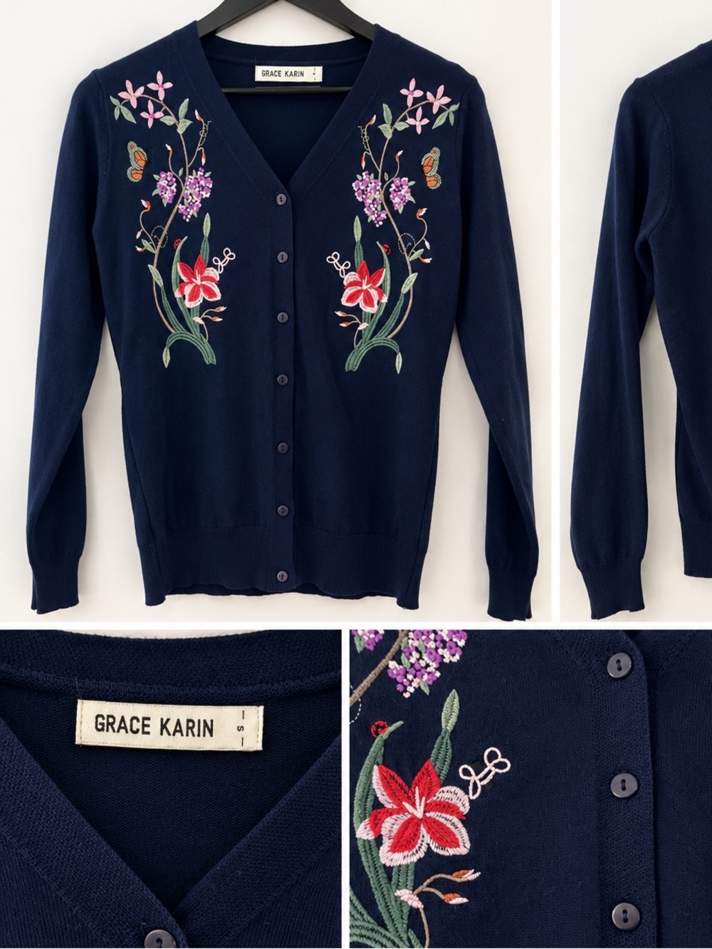 Grace Karin Navy Blue Floral Embroidered Cardigan – Size Small